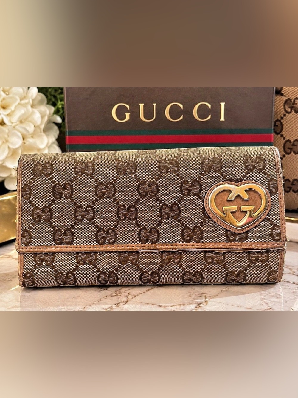 Gucci Lovely Heart GG Canvas Continental Wallet Brown